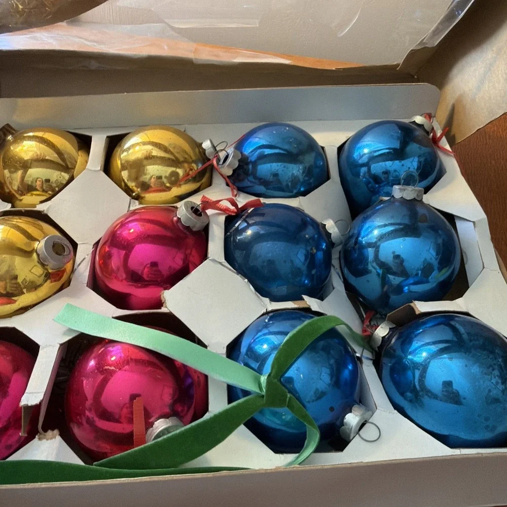 Vtg MCM Woolworth Woolco Multi Colored Glass Ornaments 15 In Box